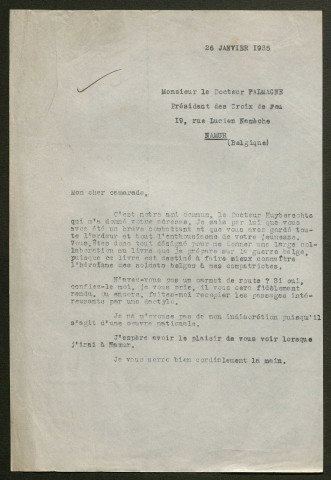 Témoignage de Falmagne (Médecin - Président des Croix de Feu) et correspondance avec Jacques Péricard