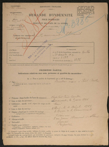 Etricourt-Manancourt. Demande d'indemnisation des dommages de guerre : dossier Ducellier-Petit