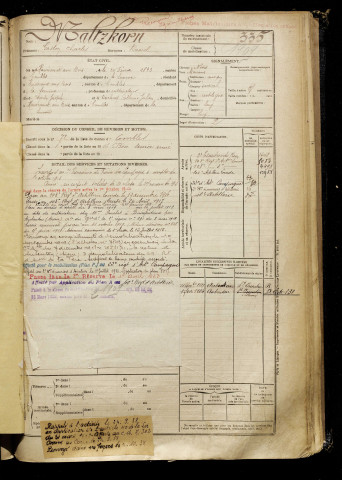 Maltzkorn, Gaston Charles, né le 24 février 1893 à Hardecourt-aux-Bois (Somme), classe 1913, matricule n° 335, Bureau de recrutement de Péronne