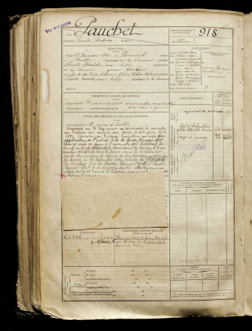 Pauchet, Emile Antoine, né le 18 janvier 1890 à Woincourt (Somme), classe 1910, matricule n° 918, Bureau de recrutement d'Abbeville