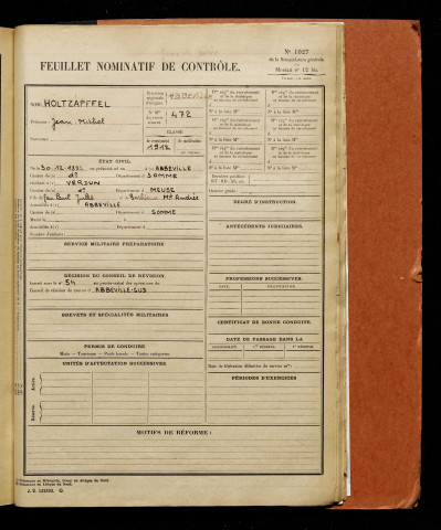 Holtzapffel, Jean Michel, né le 30 décembre 1892 à Abbeville (Somme), classe 1912, matricule n° 472, Bureau de recrutement d'Abbeville