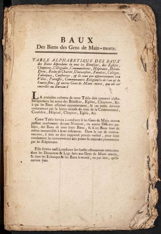 Tables des baux de gens de mains-morte du bureau de Conty pour la période 1753-1789