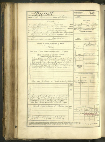 Durost, Victor Séverin, dit Léon, né le 24 mars 1860 à Fignières (Somme, France), classe 1880, matricule n° 108, Bureau de recrutement de Péronne