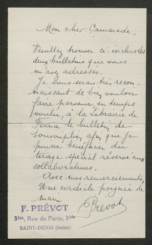 Témoignage de Prévot, Fernand (Sous-lieutenant) et correspondance avec Jacques Péricard