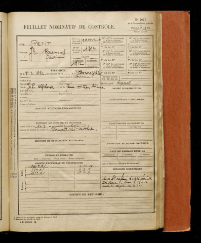 Petit, Joseph Raymond Justinien, né le 31 mars 1892 à Bonneville (Somme), classe 1912, matricule n° 1314, Bureau de recrutement d'Abbeville