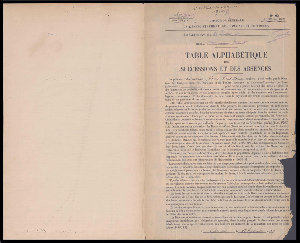 Table des successions et absences du bureau de Oisemont