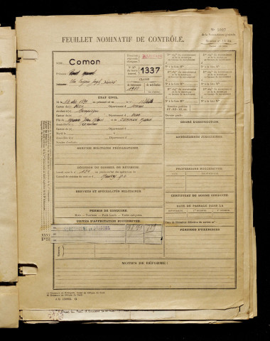 Comon, Eloi Eugène Joseph Désiré, né le 14 décembre 1890 à Muille-Villette (Somme), classe 1910, matricule n° 1337, Bureau de recrutement d'Amiens