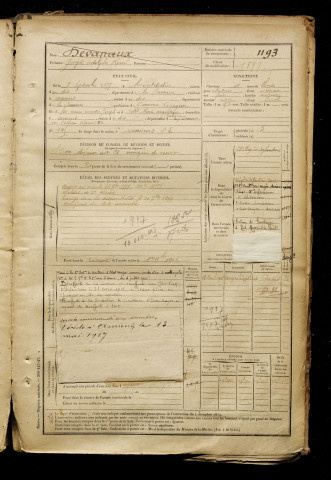Devanaux, Joseph Adolphe René, né le 08 septembre 1877 à Montdidier (Somme), classe 1897, matricule n° 1193, Bureau de recrutement d'Amiens