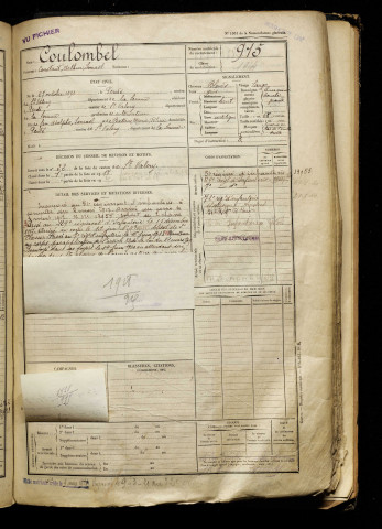 Coulombel, Constant Arthur Ismaël, né le 27 octobre 1898 à Pendé (Somme), classe 1918, matricule n° 915, Bureau de recrutement d'Abbeville