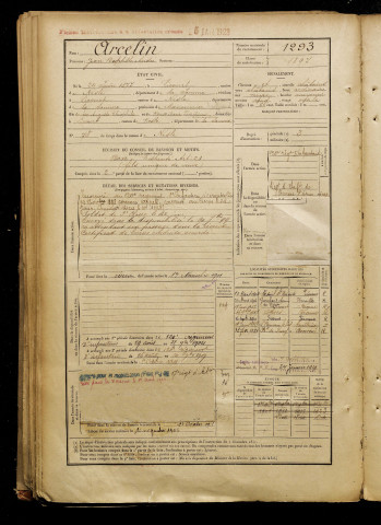 Arcelin, Jean Baptiste André, né le 24 juin 1877 à Licourt (Somme), classe 1897, matricule n° 1293, Bureau de recrutement de Péronne