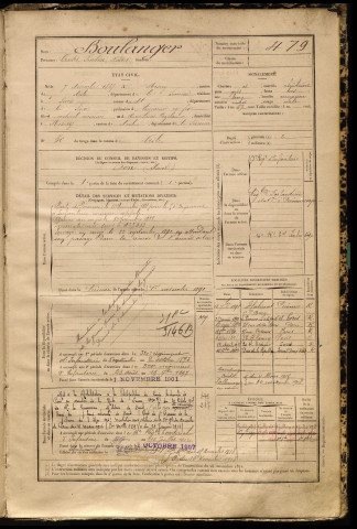 Boulanger, Charles Fénelon Xavier, né le 07 novembre 1867 à Misery (Somme), classe 1887, matricule n° 479, Bureau de recrutement de Péronne