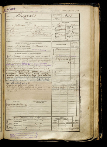 Dugrais, Armand Léon, né le 08 juillet 1900 à Amiens (Somme), classe 1920, matricule n° 453, Bureau de recrutement d'Amiens