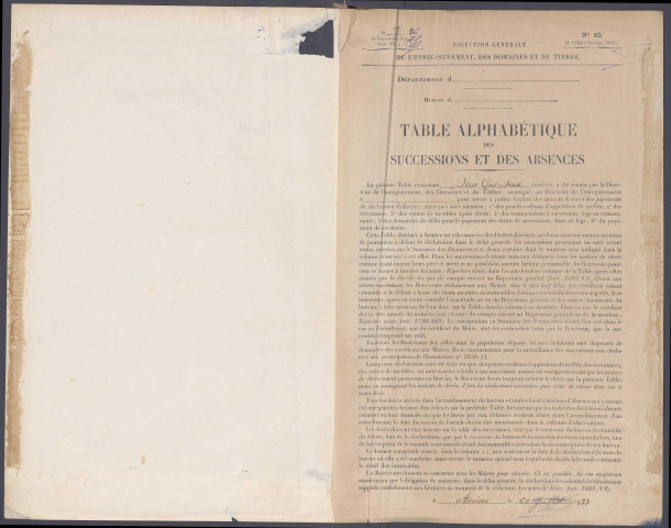 Table des successions et absences du bureau d'Amiens