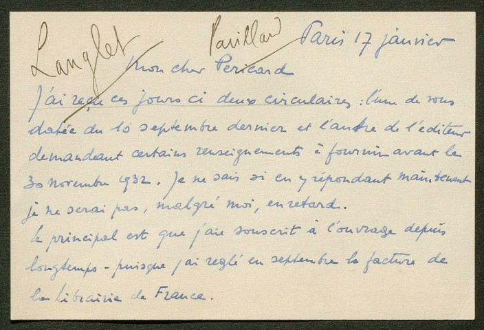 Témoignage de Langlet, Maurice (Maréchal des logis) et correspondance avec Jacques Péricard