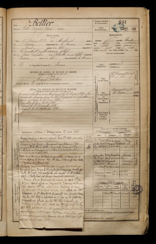 Bellier, Victor Eugène Henri, né le 17 mars 1872 à Moislains (Somme), classe 1892, matricule n° 551, Bureau de recrutement de Péronne