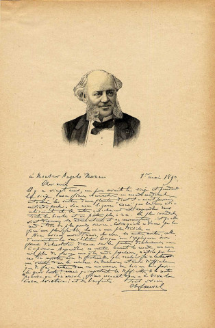 Portrait en Buste de Charles Fauvel accompagné d'une lettre (fac-simile) adressée à Angelo Mariani le 1er mai 1890 et traitant des vertus de la plante Coca