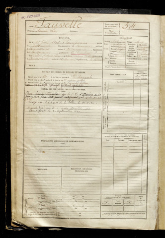 Fauvelle, Maurice Léon, né le 23 juin 1901 à Cannessières (Somme), classe 1921, matricule n° 34, Bureau de recrutement d'Amiens