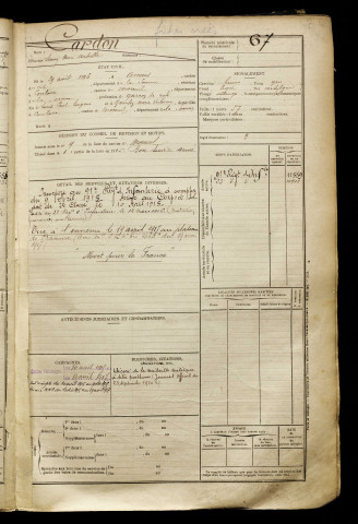 Cardon, Simon Henri Achille, né le 29 août 1896 à Amiens (Somme), classe 1916, matricule n° 67, Bureau de recrutement de Péronne