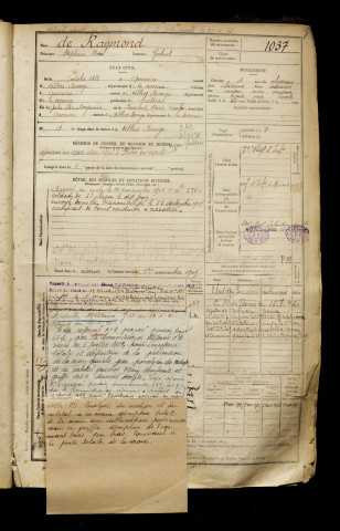 De Raymond, Stéphane Henri, né le 05 octobre 1881 à Querrieu (Somme), classe 1901, matricule n° 1037, Bureau de recrutement d'Amiens