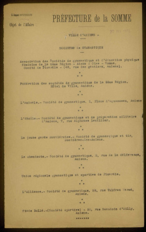 Amiens. Liste des sociétés de gymnastiques, Union des sociétés de gymnastiques amiénoises, « Le Réveil », « l'indépendante amiénoise », « Le Stade Amiénois », « l'Etoile », « La Société de gymnastique amiénoise »