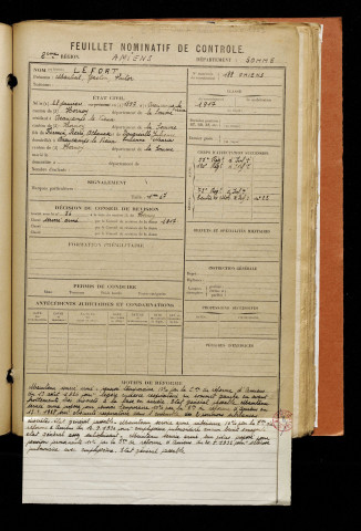 Lefort, Martial Gaston Victor, né le 28 janvier 1897 à Beaucamps-le-Vieux (Somme), classe 1917, matricule n° 188, Bureau de recrutement d'Amiens