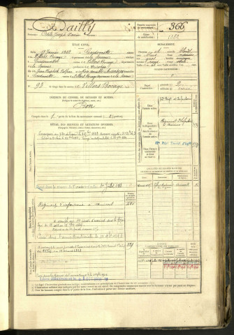 Dailly, Odile Joseph Xavier, né le 11 janvier 1862 à Cardonnette (Somme, France), classe 1882, matricule n° 366, Bureau de recrutement d'Amiens