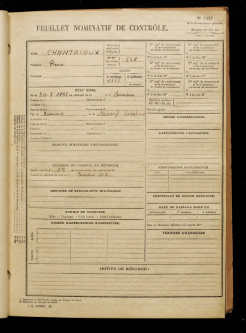 Chantriaux, René, né le 30 mars 1893 à Amiens (Somme), classe 1913, matricule n° 548, Bureau de recrutement d'Amiens