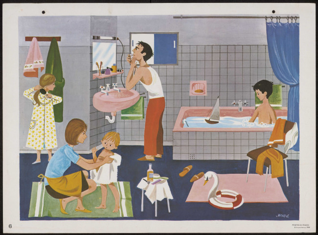 Planches pédagogiques - La salle de bain familiale - et - Le repas de famille dans la cuisine - dessinée par Michel Moyne