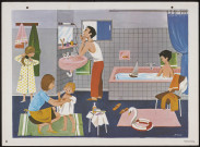 Planches pédagogiques - La salle de bain familiale - et - Le repas de famille dans la cuisine - dessinée par Michel Moyne