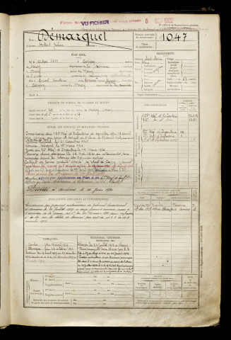 Démarquet, Robert Julien, né le 10 mai 1898 à Cappy (Somme), classe 1918, matricule n° 1047, Bureau de recrutement de Péronne