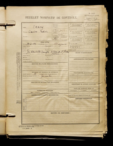 Caron, Isidore Ludovic, né le 14 février 1891 à Dargnies (Somme), classe 1911, matricule n° 1077, Bureau de recrutement d'Abbeville