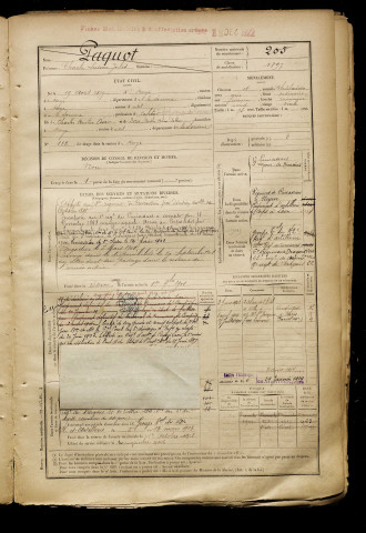 Paquot, Charles Lucien Jules, né le 19 août 1877 à Roye (Somme), classe 1897, matricule n° 205, Bureau de recrutement de Péronne