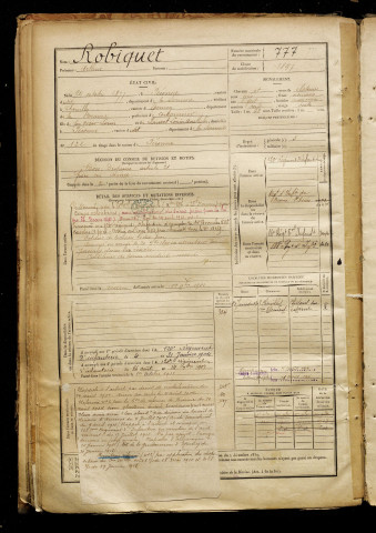 Robiquet, Arthur, né le 24 octobre 1877 à Péronne (Somme), classe 1897, matricule n° 777, Bureau de recrutement de Péronne