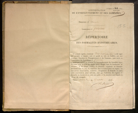 Répertoire des formalités hypothécaires, du 12/06/1854 au 18/11/1854, registre n° 155 (Péronne)