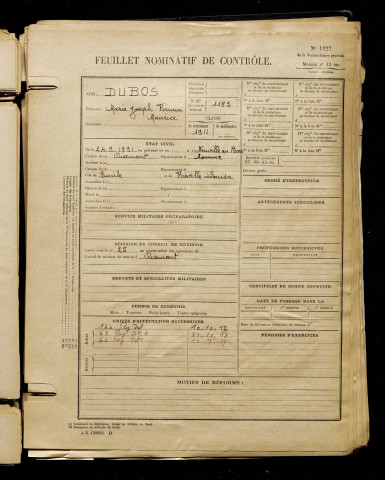 Dubos, Marie Joseph Firmin Maurice, né le 24 septembre 1891 à Neuville-au-Bois (Somme), classe 1911, matricule n° 1183, Bureau de recrutement d'Amiens