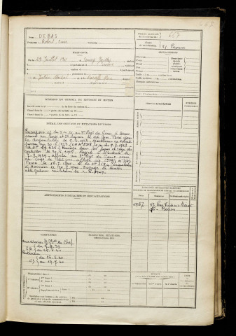 Debas, Robert Omer, né le 29 juillet 1901 à Cerisy (Somme), classe 1921, matricule n° 667, Bureau de recrutement de Péronne