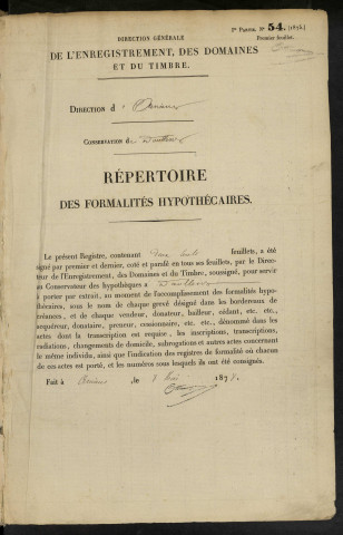 Répertoire des formalités hypothécaires, du 20/03/1879 au 03/11/1879, volume n° 138 (Conservation des hypothèques de Doullens)