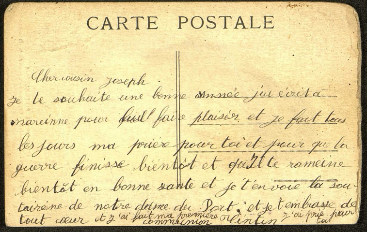 Carte postale représentant la crypte de l'église Notre-Dame du Port à Clermont-Ferrand, adressée à Joseph Morin par son cousin "Tintin" pour la nouvelle année