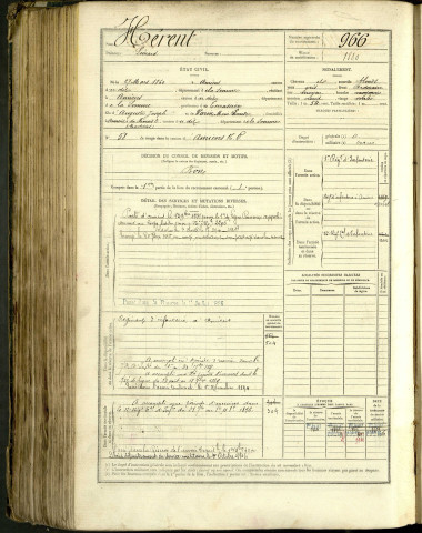 Hérent, Léonard, né le 27 mars1860 à Amiens (Somme, France), classe 1880, matricule n° 966, Bureau de recrutement d'Amiens
