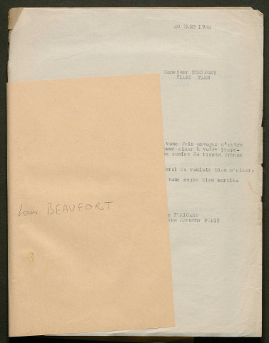 Témoignage de Beaufort, Louis et correspondance avec Jacques Péricard