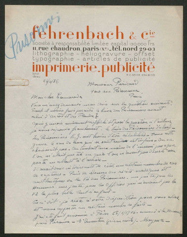 Témoignage de Fehrenbach, Pierre (Capitaine d'infanterie) et correspondance avec Jacques Péricard