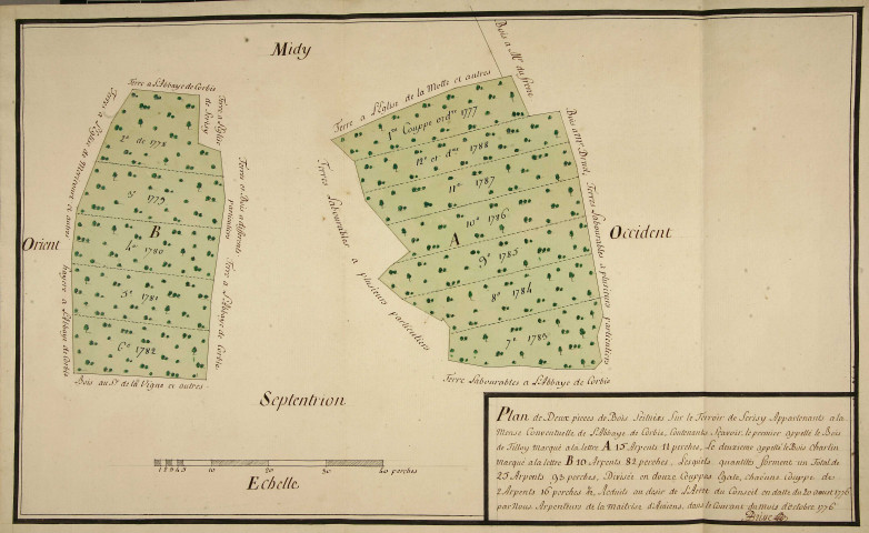 "Plan de deux pièces de bois situées sur le terroir de Serisy appartenants à la mense conventuelle de l'Abbaye de Corbie [...]"