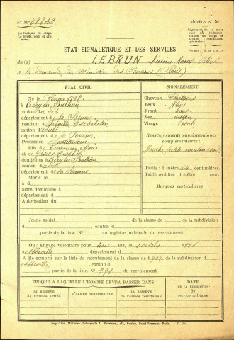 Lebrun, Lucien Raoul , né le 06 février 1887 à Crécy-en-Ponthieu (Somme), classe 1907, matricule n° 798, Bureau de recrutement d'Abbeville
