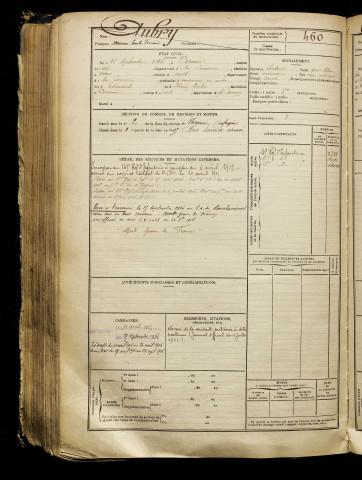 Aubry, Maurice Emile Fernand, né le 18 septembre 1896 à Péronne (Somme), classe 1916, matricule n° 460, Bureau de recrutement de Péronne