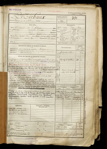 Michaux, Raymond Jean Baptiste, né le 25 décembre 1901 à Solente (Oise), classe 1921, matricule n° 351, Bureau de recrutement de Péronne