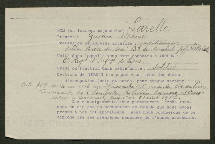 Témoignage de Larelle, Gaston et correspondance avec Jacques Péricard
