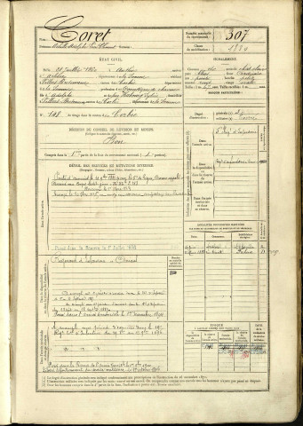 Coret, Achille Adolphe Léon Clément, né le 21 juillet 1860 à Authie (Somme, France), classe 1880, matricule n° 307, Bureau de recrutement d'Amiens
