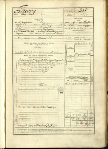 Favry, Henri Firmin, né le 14 janvier 1860 à Longueau (Somme, France), classe 1880, matricule n° 351, Bureau de recrutement d'Amiens