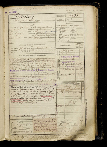 Daussy, Robert Joseph Laurent Emile, né le 24 juillet 1897 à Neuville-au-Bois (Somme), classe 1917, matricule n° 1293, Bureau de recrutement d'Amiens