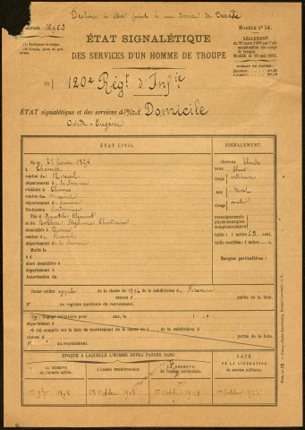 Domicile, Ovide Eugène, né le 21 février 1874 à Thennes (Somme), classe 1894, matricule n° 122, Bureau de recrutement de Péronne